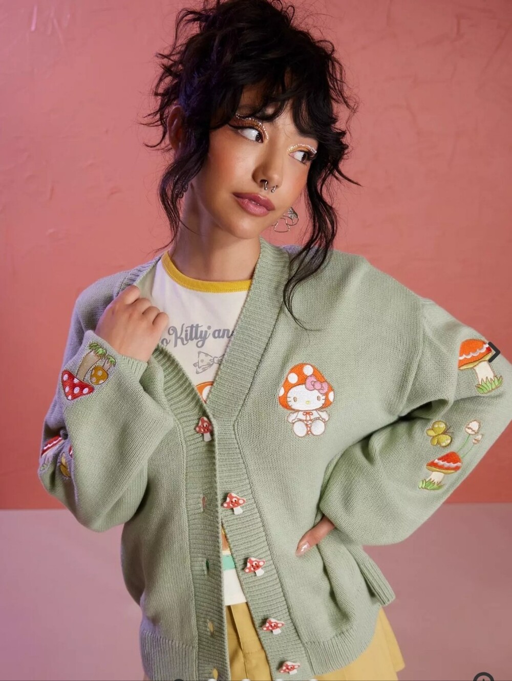 SANRIO Hello Kitty Mushroom Embroidered Girls Skimmer Cardigan - Picture 2 of 16
